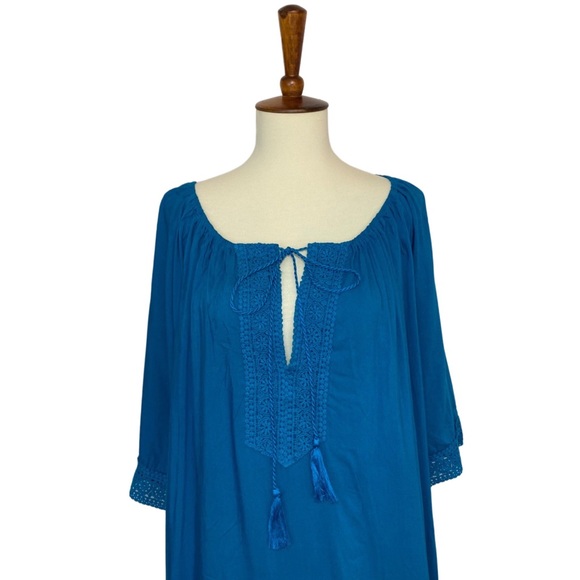 Boho Teal Blue Loose V-Neck Drawstring Beach Bikini Coverup - Picture 4 of 12